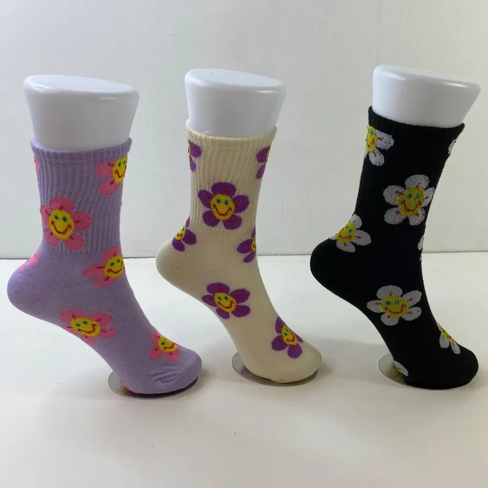3-Pack Smile Flower Socks Fun Colorful Crew Socks
